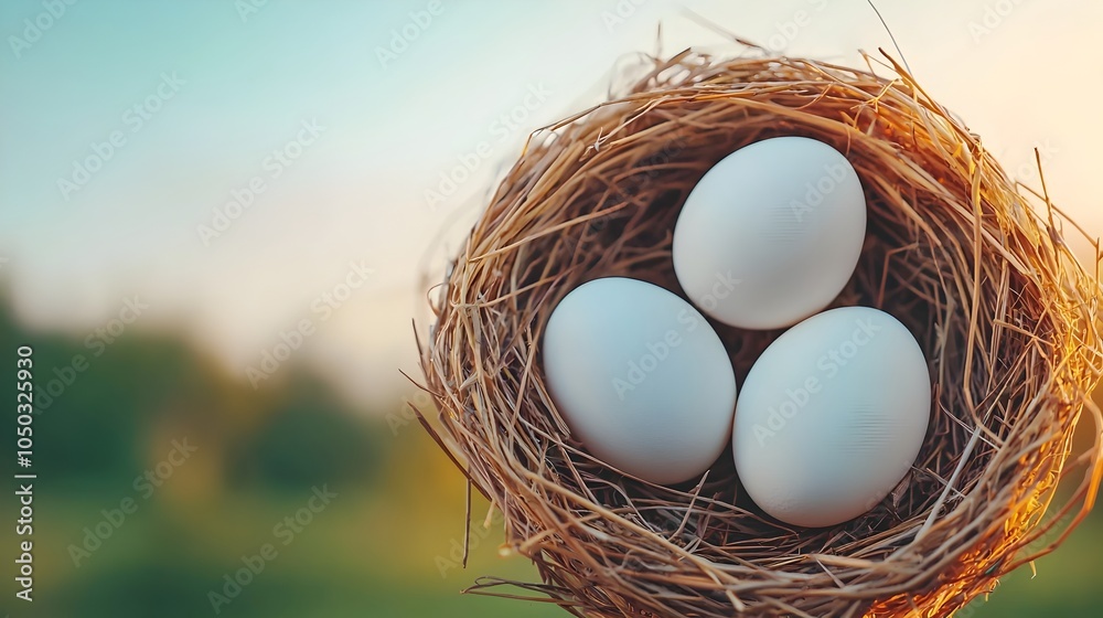 Aufkleber Soft natural light beautifully highlighting a nest of white eggs placed on a bed of straw and grass creating a calm and rustic farm scene perfect for photography and lifestyle imagery
