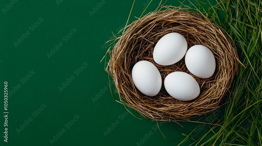 Aufkleber Soft natural lighting highlights white eggs delicately placed in a nest of straw and grass creating a calm rustic and serene farm scene perfect for photography and various design applications