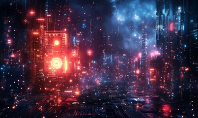 Obraz premium Abstract Concept of IoT and Big Data in a Digital Network and Software Development Environment with High-Tech Circuit Board and Glowing Data Points, Illuminated by Light, Generative AI