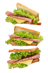 Sandwich with lettuce, cheese and sausage on white isolated background
