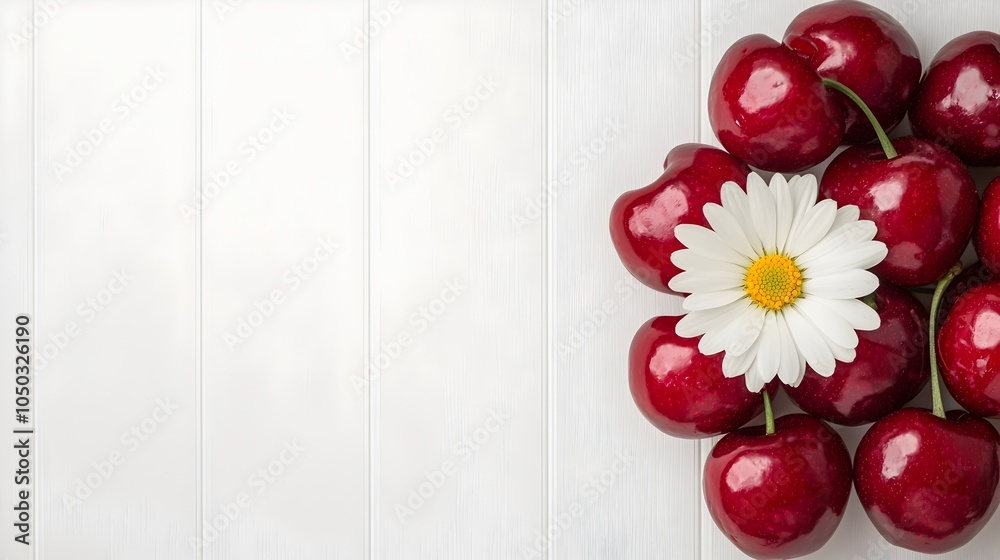Poster vibrant red cherries and a delicate white daisy flower resting on a clean white surface creating a b