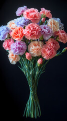 A vibrant bouquet of carnations in shades of pink, red, and white, with ruffled, textured petals and sturdy green stems