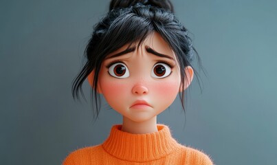 Sad Stressed Upset Disappointed Asian Cartoon Character Young Woman in 3D Style Wearing Orange Sweater on Light Background, Generative AI
