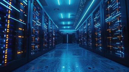 Fototapeta premium Futuristic server room with illuminated racks and cables, blue glowing lights.