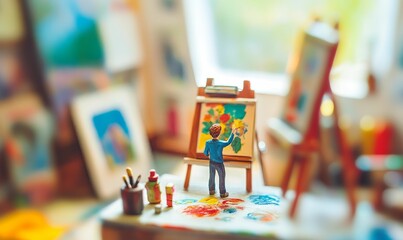 A miniature artist paints a colorful scene.