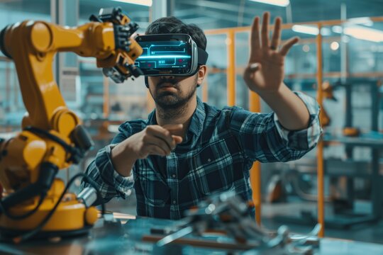 Hispanic male industrial engineer working with virtual reality technology in a modern manufacturing facility - Powered by Adobe