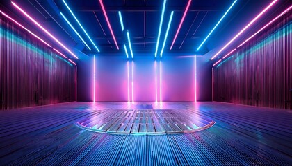 Empty stage with neon lights and modern wall paneling.