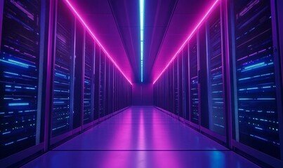 Fototapeta premium Futuristic Data Center Corridor with Blue and Purple LED Lights between High-Speed Computing Servers for Internet and Cloud Services, Generative AI