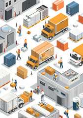 Fototapeta premium An isometric illustration of a busy warehouse with delivery trucks, workers, and boxes.