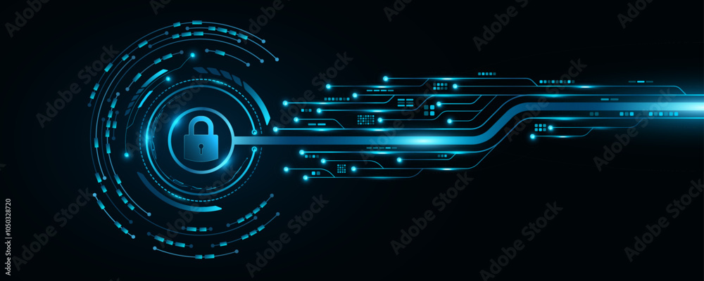 Poster Futuristic background for unlocking UI system. Lock scan with digital HUD circle and circuit board. Data security. Touch screen button for user interface. Vector illustration. EPS 10.
