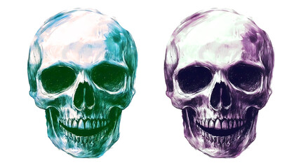 Colorful human skulls isolated on transparent background, PNG