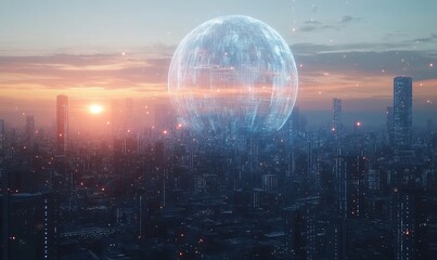Fototapeta premium Futuristic Global Information Network Over Cityscape at Dusk: Digital Data and Connectivity Concept with Holographic Earth and Technology Elements, Generative AI