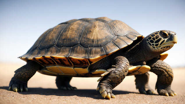 A turtle walks across a sandy surface, its shell a mosaic of browns and yellows.