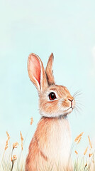 A cute, easy drawing of a rabbit for kids, with a round face, big floppy ears, and a tiny nose. The rabbit has simple oval eyes and a happy smile, sitting with small paws and a fluffy tail.