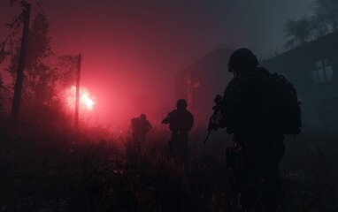 Fototapeta premium Silhouetted soldiers advance through a crimson-lit, war-torn landscape under a stormy night sky. Danger lurks.