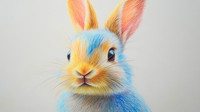 A cute, easy drawing of a rabbit for kids, with a round face, big floppy ears, and a tiny nose. The rabbit has simple oval eyes and a happy smile, sitting with small paws and a fluffy tail.