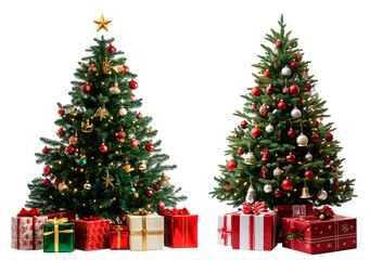 Decorated Christmas trees with gift boxes underneath, isolated on transparent background, PNG