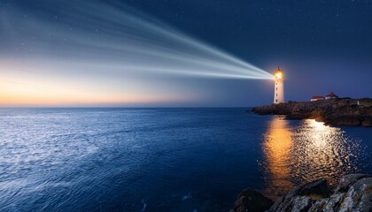 Fototapeta premium Lighthouse shining a bright beam of light over the calm sea, illuminating the night landscape. Ai generative.