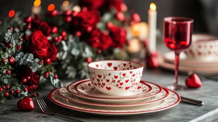 Fototapeta premium A romantic dining table adorned with heart-patterned dishware and floral decorations for a cozy evening celebration