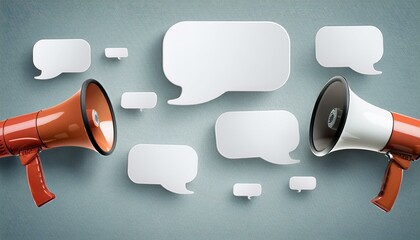 Megaphones with Speech Bubbles on Light Background. 3D Rendering