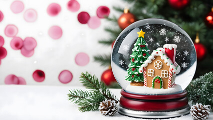 Charming Winter in a Snow Globe with gingerbread house with Christmas Tree. Snow Globe Decorating Christmas Falling Snowflakes. Bokeh Background
