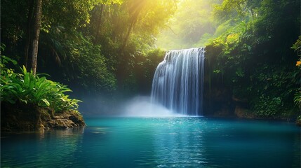 A stunning tropical landscape featuring a waterfall deep in a vibrant rainforest, cascading water framed by tropical plants, tall trees, and a serene blue pool.