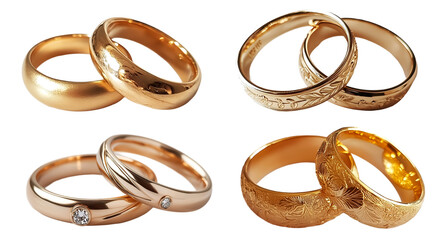Gold wedding rings set isolated on transparent background, PNG