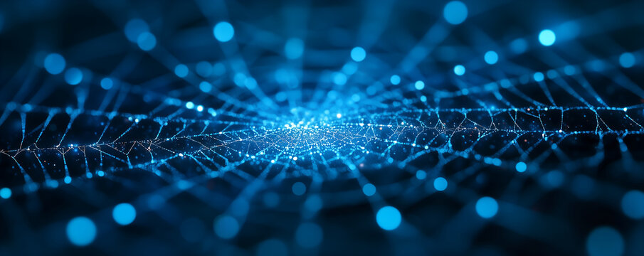 Glowing blue digital spider web network on dark background. Abstract combination of modern digital technology and Halloween holiday. Template with copy space for backdrop or banner