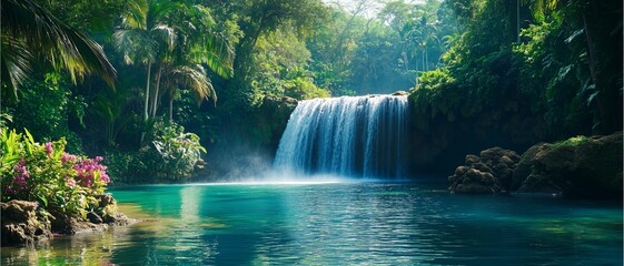 A stunning tropical landscape featuring a waterfall with clear turquoise water, enveloped in lush greenery, tall palm trees, and tropical blossoms, sunlight creating reflections.