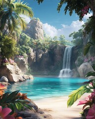 A stunning tropical landscape featuring a waterfall in a secluded paradise, with turquoise water in a calm lagoon.