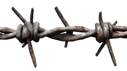 Rusty barbed wire isolated against a white background, highlighting its sharp edges and vintage character