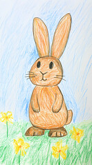 Obraz premium A cute, easy drawing of a rabbit for kids, with a round face, big floppy ears, and a tiny nose. The rabbit has simple oval eyes and a happy smile, sitting with small paws and a fluffy tail.
