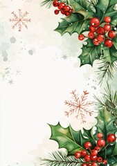 Elegant Christmas menu design featuring holly leaves, berries, and snowflakes in a beautiful watercolor style