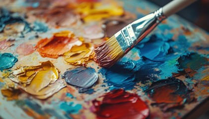 Fototapeta premium Close-up of a paintbrush on a palette with various oil paints.