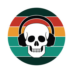 human skeleton head wearing headphone silhouette on retro vintage background vector art illustration T shirt design art