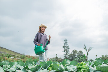 A cheerful gardener diligently tending vibrant green cabbage plants under a cloudy sky