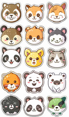 A set of 15 adorable cartoon animal faces with happy expressions, perfect for stickers, scrapbooking, or digital projects.