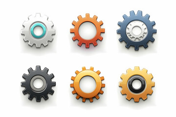 Six 3D gears in different colors on a white background.