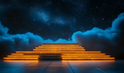 Golden Stage with Blue Accents Under Celestial Stars Ready for Night Performance, Dramatic Event Setting, Elegant Design, Celestial Night Themed Stage, Generative AI