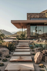 Fototapeta premium Modern desert house with minimalist stone path and native landscaping under clear sky.