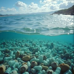 Obraz premium Ocean pollution, bottles, tin cans