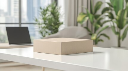 Fototapeta premium A minimalist box sits on a clean table in a modern office with a laptop and potted plants nearby