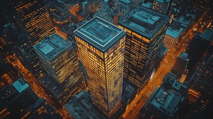 Aerial view of a city at night with illuminated skyscrapers and streets.