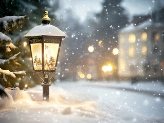 A charming lantern with a warm glow surrounded by snowflakes and pine cones, creating a cozy winter...