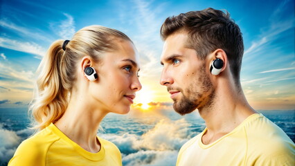 Fototapeta premium Couple with wireless earbuds against sunset sky