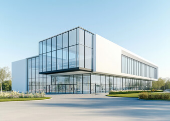 Obraz premium Modern industrial building with glass facade under clear sky