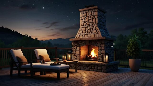 Cozy and relaxing sofa in front of the outdoor fireplace. Seamless 4K looping timelapse video animation background