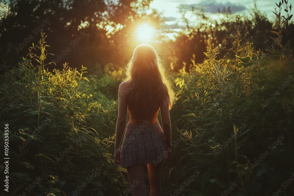 Wall mural a young woman walks into the sunlit lush greenery bathed in morning light.