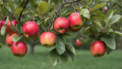 Obraz premium Close-up of ripe red apples hanging from a tree branch.