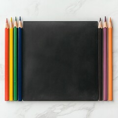 Fototapeta premium Colorful Pencils Next to Empty Chalkboard for Creative Expression